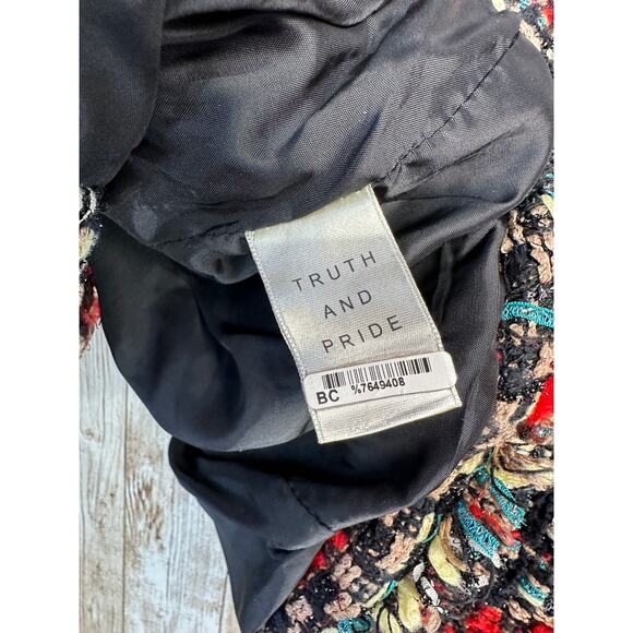 Truth and Pride Tweed Red Black Blazer Womens Sz Small Silver Metallic Textured - Picture 8 of 11